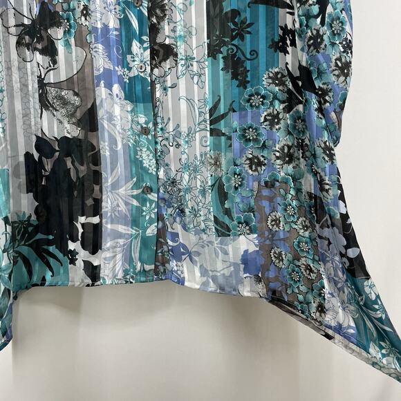 Chicos Size 1 Medium Asymmetrical Button Down Shirt Teal Blue Blouse Floral Top - Picture 4 of 9